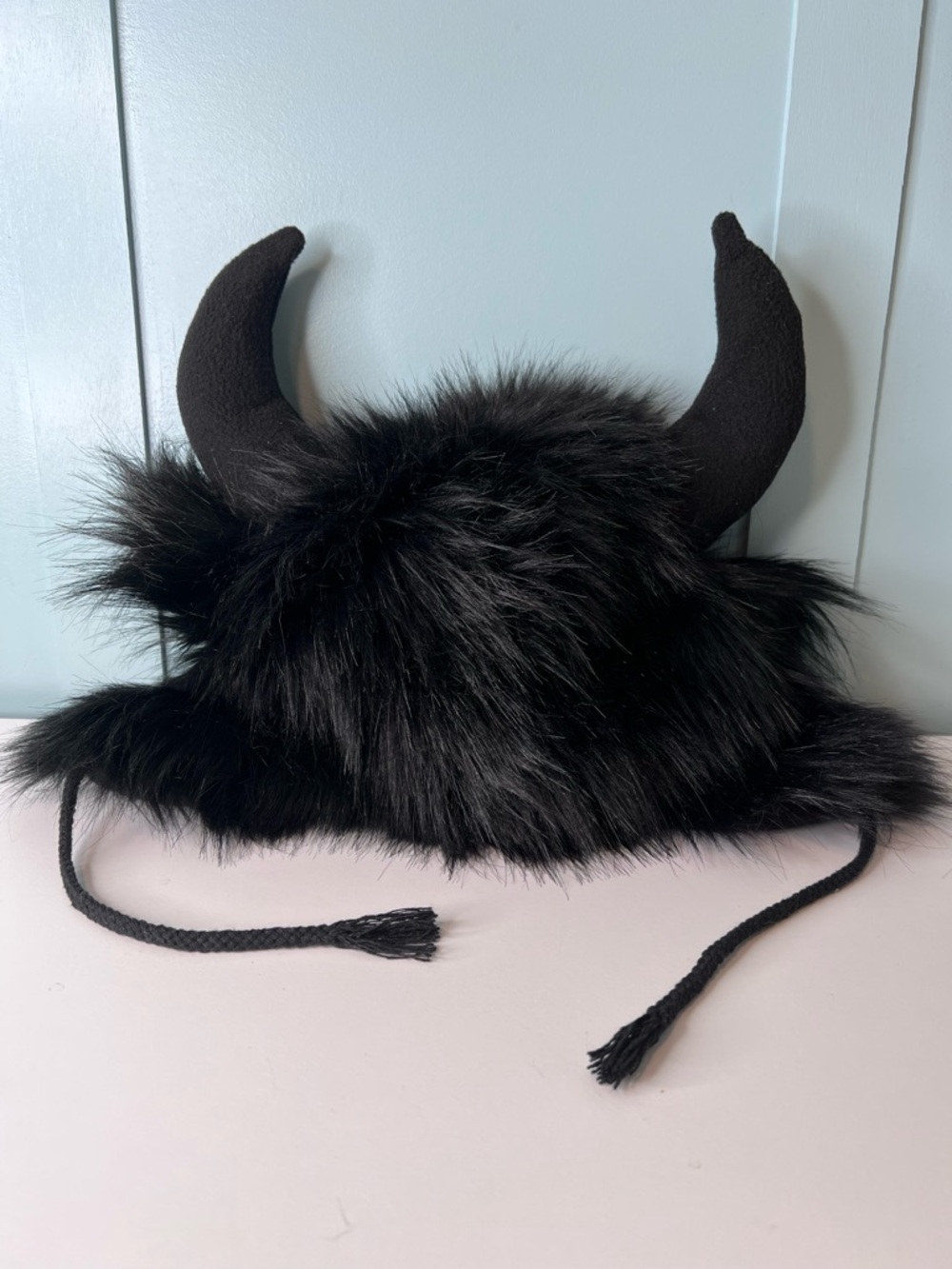 Black Faux Fur Funny Plush Ox Horn Cosplay Warm Costume Hat. OS. - Picture 9 of 12